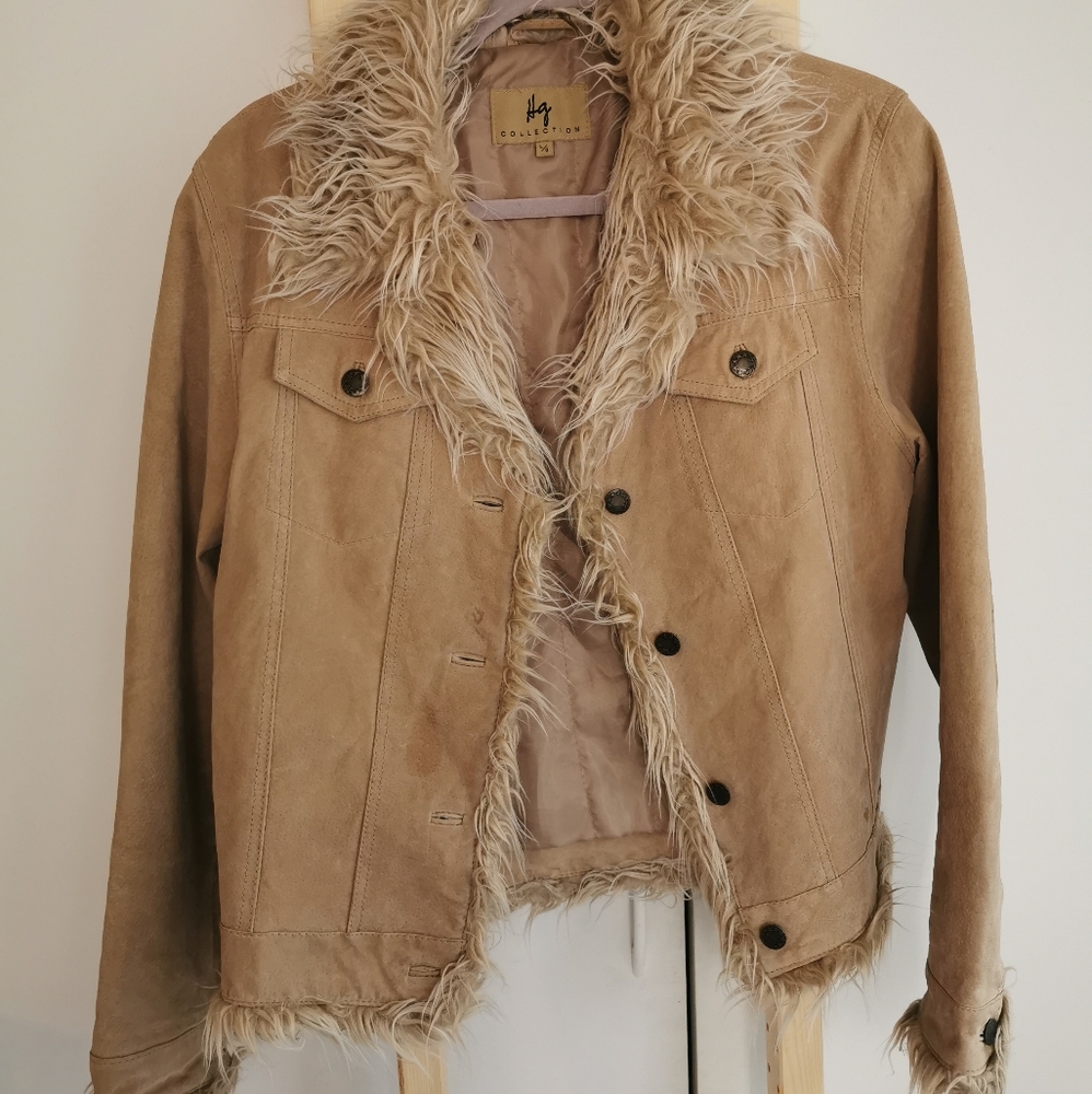 HG Collection Fur Trimmed Tan Suede Jacket